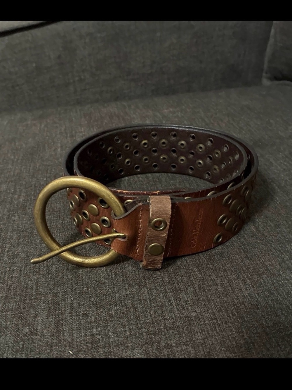 Leather Grommet Belt with Brass Ring Buckle - Brown Small